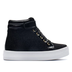Tênis Infantil Cano Alto Menina Fashion Glitter Preto Velcro Casual Confortável Dia a Dia