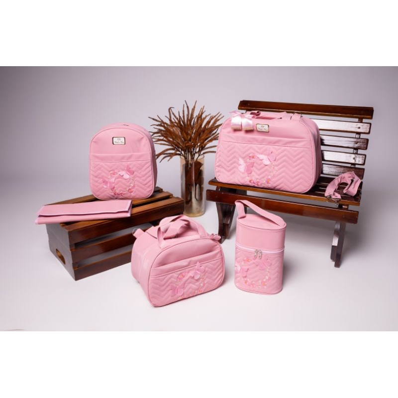 Kit bolsa mala maternidade bebê feminino 5 peças luxo rosa
