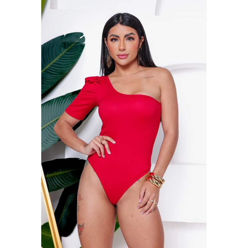 CANELADO Body com bojo manga única e com fechamento entre pernas blusa blusinha canelada