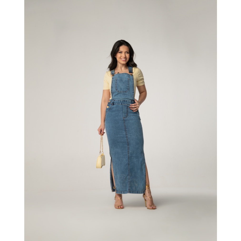 Jardineira Jeans Marmorizada Moda Evangélica 7PALLAS