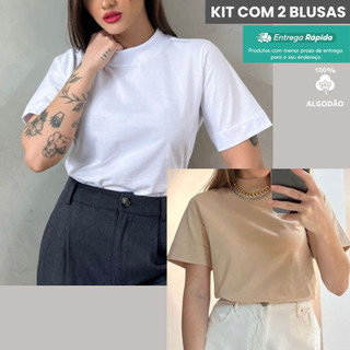 Unidade ou Kit com 2 Blusa Feminina Blusinha T-Shirt Gola Alta 100% Algodão