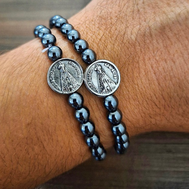 Kit 3 Pulseiras Hematita Nossa Senhora Aparecida A Padroeira Pulseira Para Presente Religioso