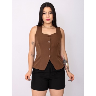 Colete Feminino Alfaiataria Alça Larga Gola Quadrada detalhe aberto na frente em Oferta na Shopee