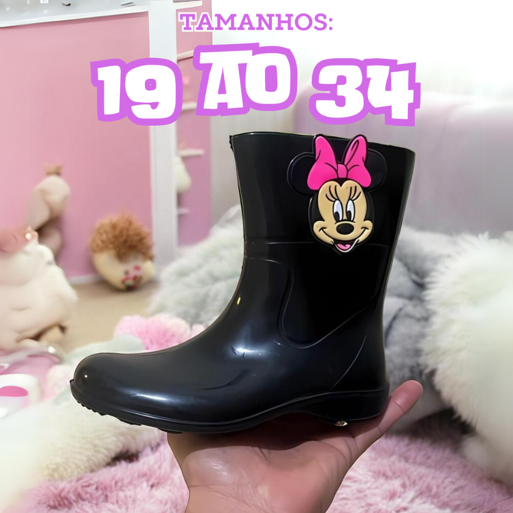 Bota Infantil Galocha Juvenil Feminina 19 ao 34 Bota Impermeavel Limpa Facil Minie Preto
