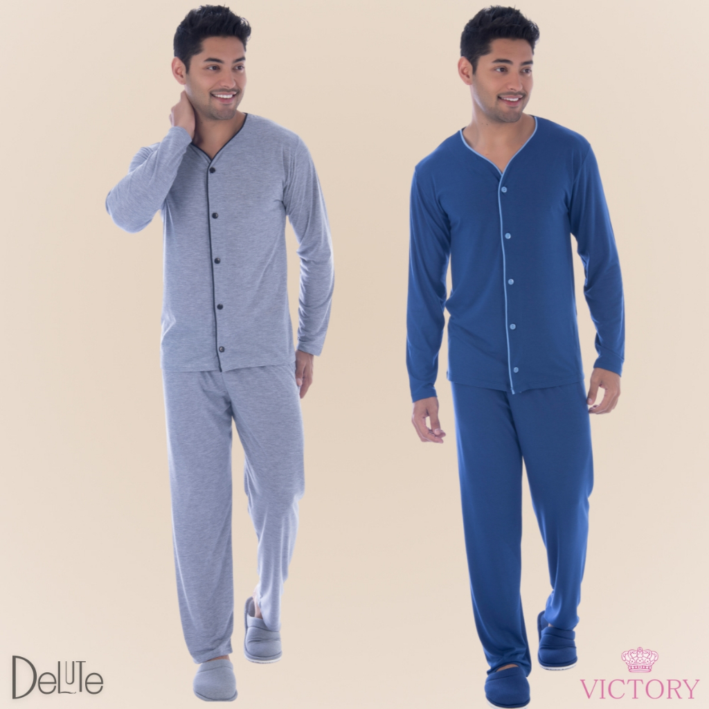 Pijama De Frio Americano Masculino Victory Liso Com Botoes Calca e Blusa Manga Larga Confortavel - Men Clothes