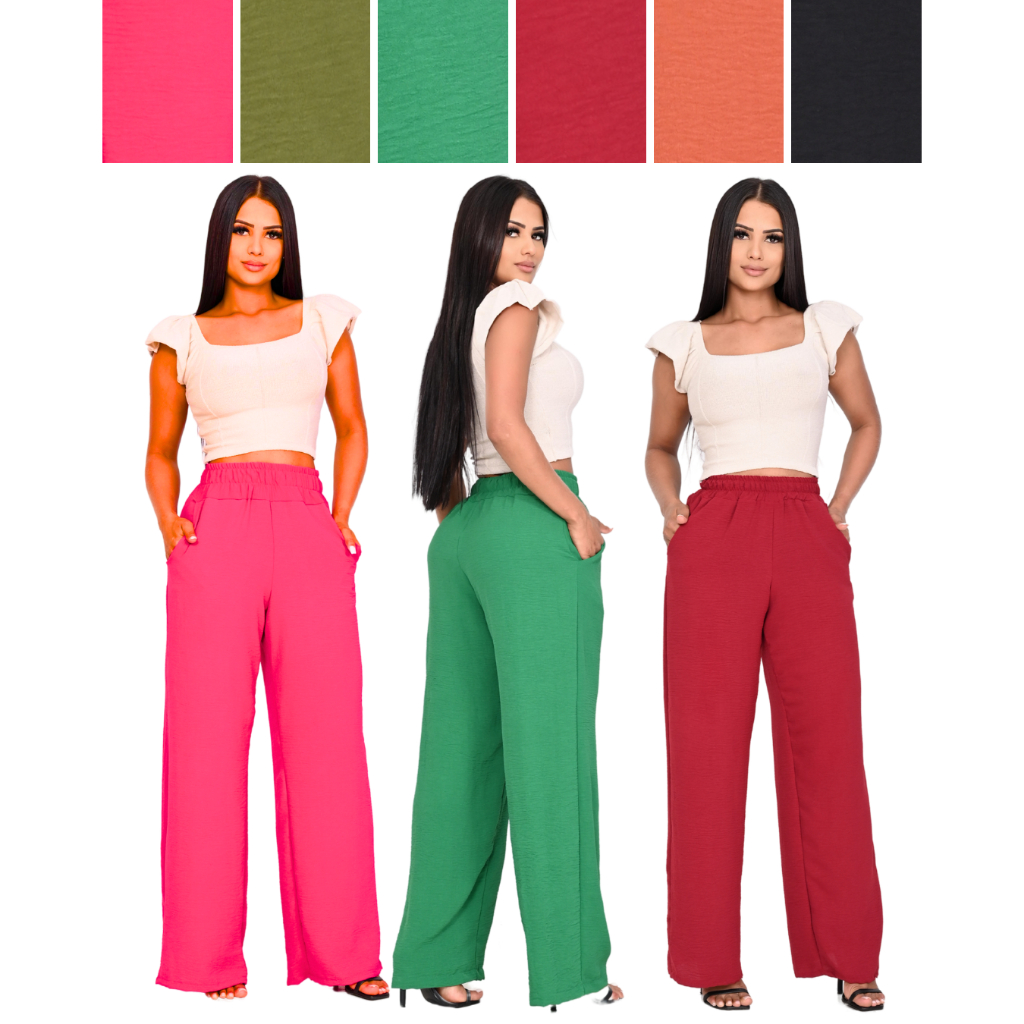 Calça Feminina Pantalona Tecido Duna com Elaslástico Cintura