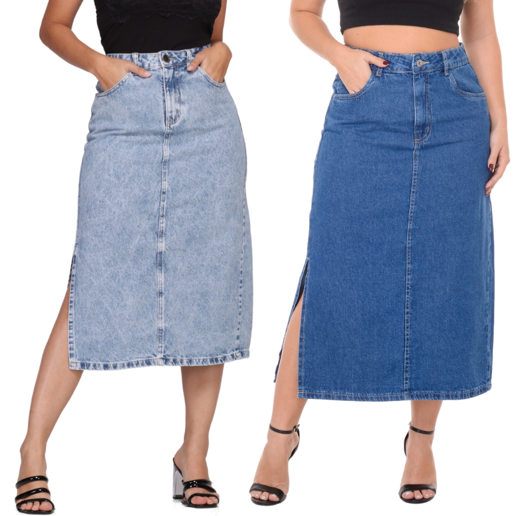 Saia Jeans Feminina Longa Cintura Alta Com Fenda Midi Evangélica