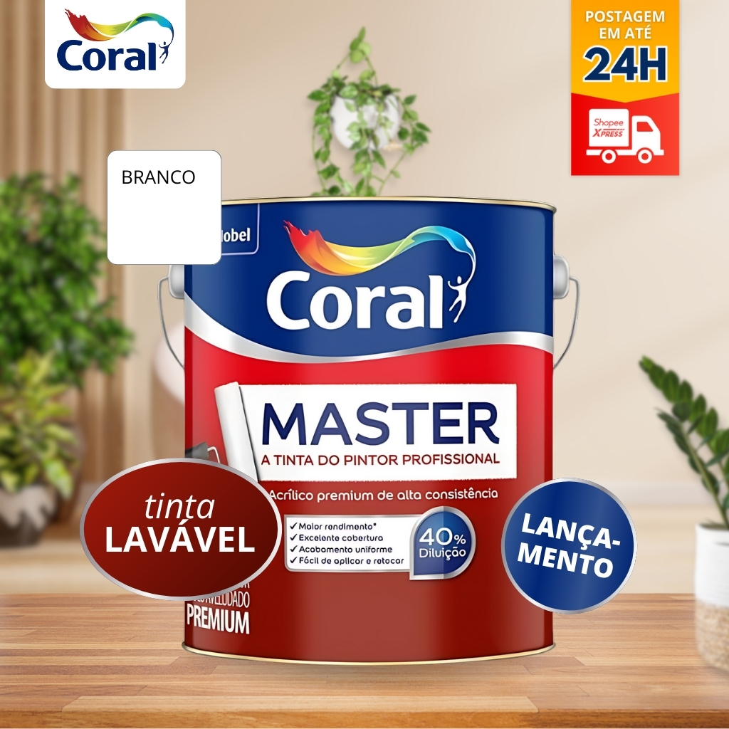 Tinta Master Premium Lavável Anti Mofo Acrílica Parede Fosca Branco 3,6 L Interior Coral