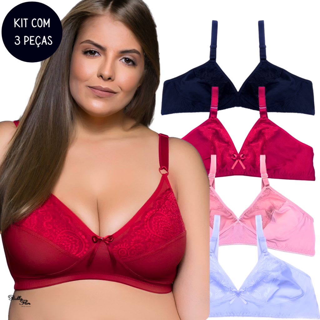 Kit 3 Sutiãs Plus Size Sem Bojo Detalhe Renda Alças Reforçadas Sustentação Lingerie Microfibra