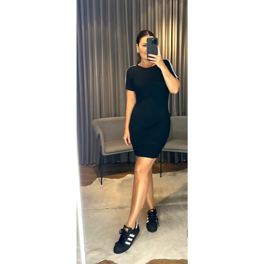 Vestido Curto Canelado Dream Manga Curta Listras Groovy Forever Original Preto e Branco