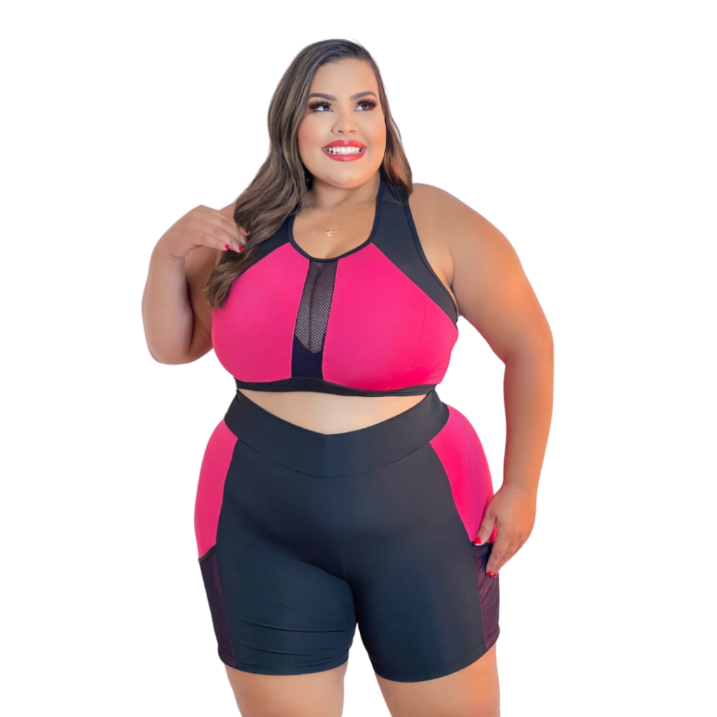 Conjunto Academia Plus Size 44 ao 54 Top + Short Ciclista Fitness Feminino Curves
