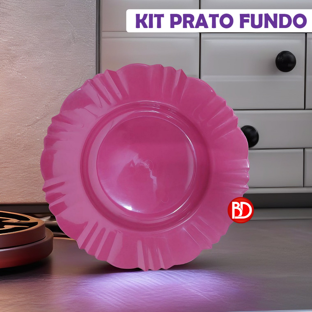 KIT 10 PRATOS FUNDO PÉTALA ROSA PINK PLÁSTICO REFEIÇÃO FESTAS CHURRASCO ANIVERSÁRIO