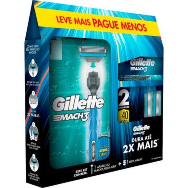 Kit para Barbear Gillette 1 Aparelho Mach3 + 3 Cargas Mach3 1 Kit