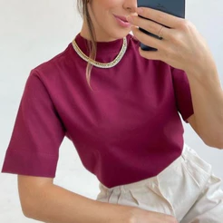 Blusa de Gola Alta Manga 3/4 T-Shirt 100% Algodão