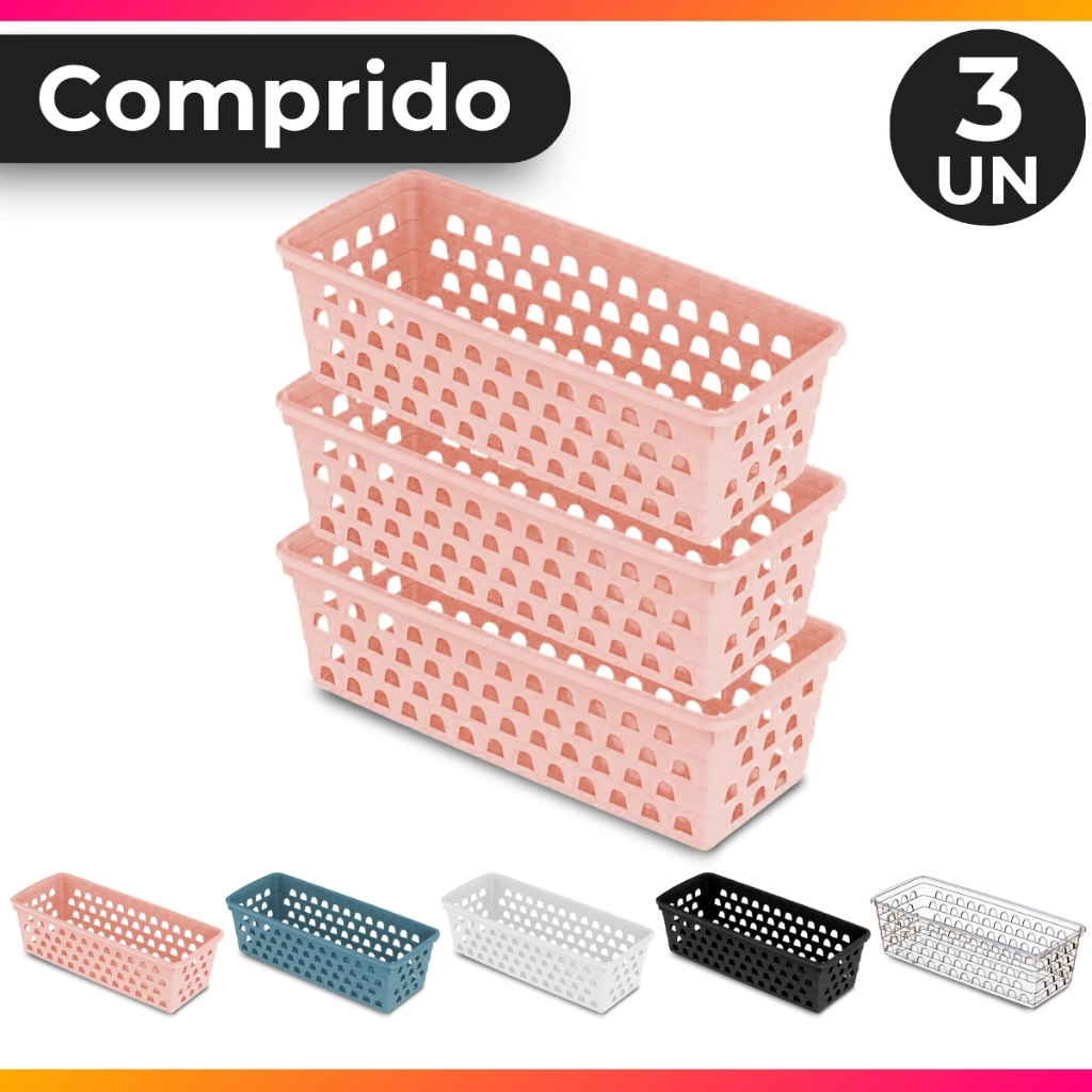 Kit 3 Cesto Organizador Multiuso Decorativo Pequeno Comprido p/ Gaveta Armário 28x11 cm