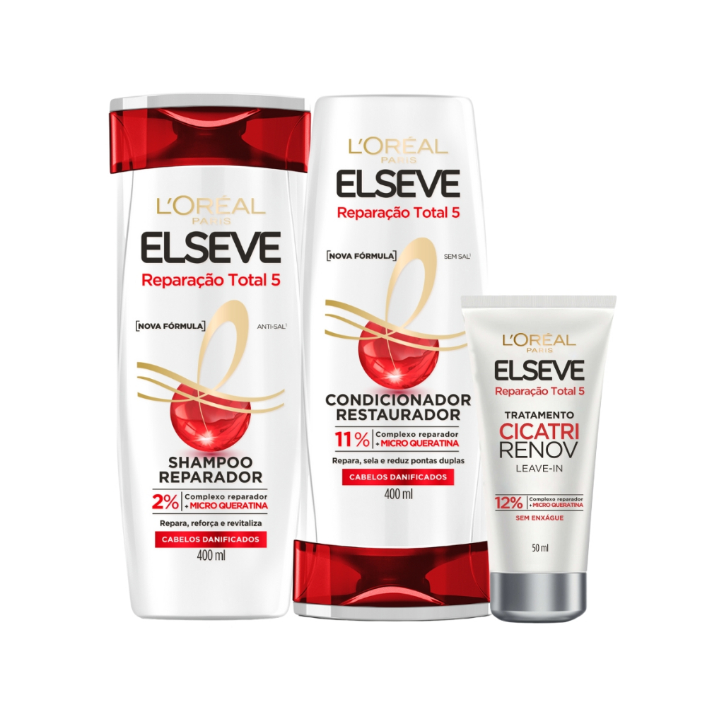 Kit Reparação Total 5 L'Oréal Paris Elseve  Shampoo 400ml + Condicionador 400ml + Leave-in de Tratamento Cicatri Renov em Oferta na Shopee