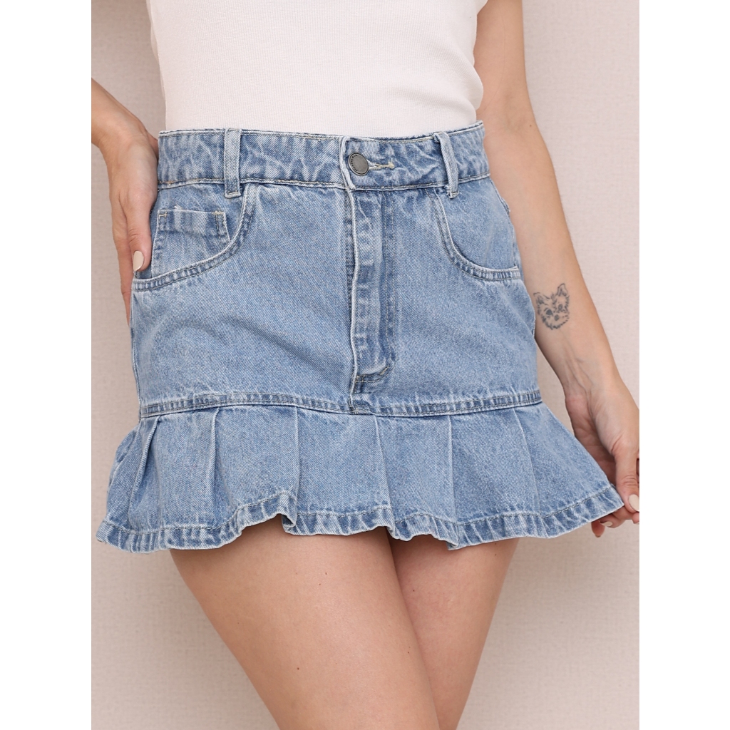 Mini Saia Jeans com Babado Cintura Alta Blogueira MARMORIZADO em Oferta na Shopee
