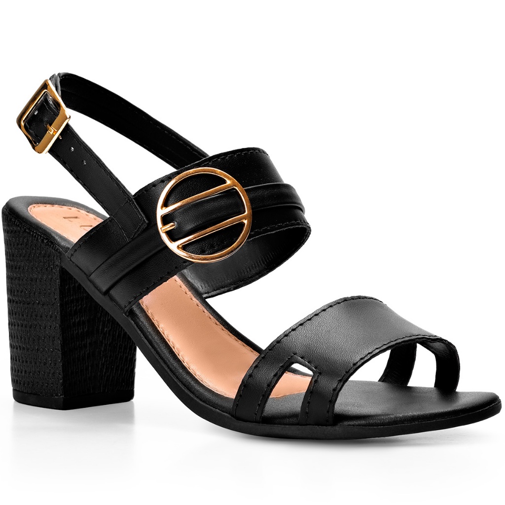 Sandália Feminina Lumiss Fivela Confortável Salto Alto Bloco Preto - Women Shoes