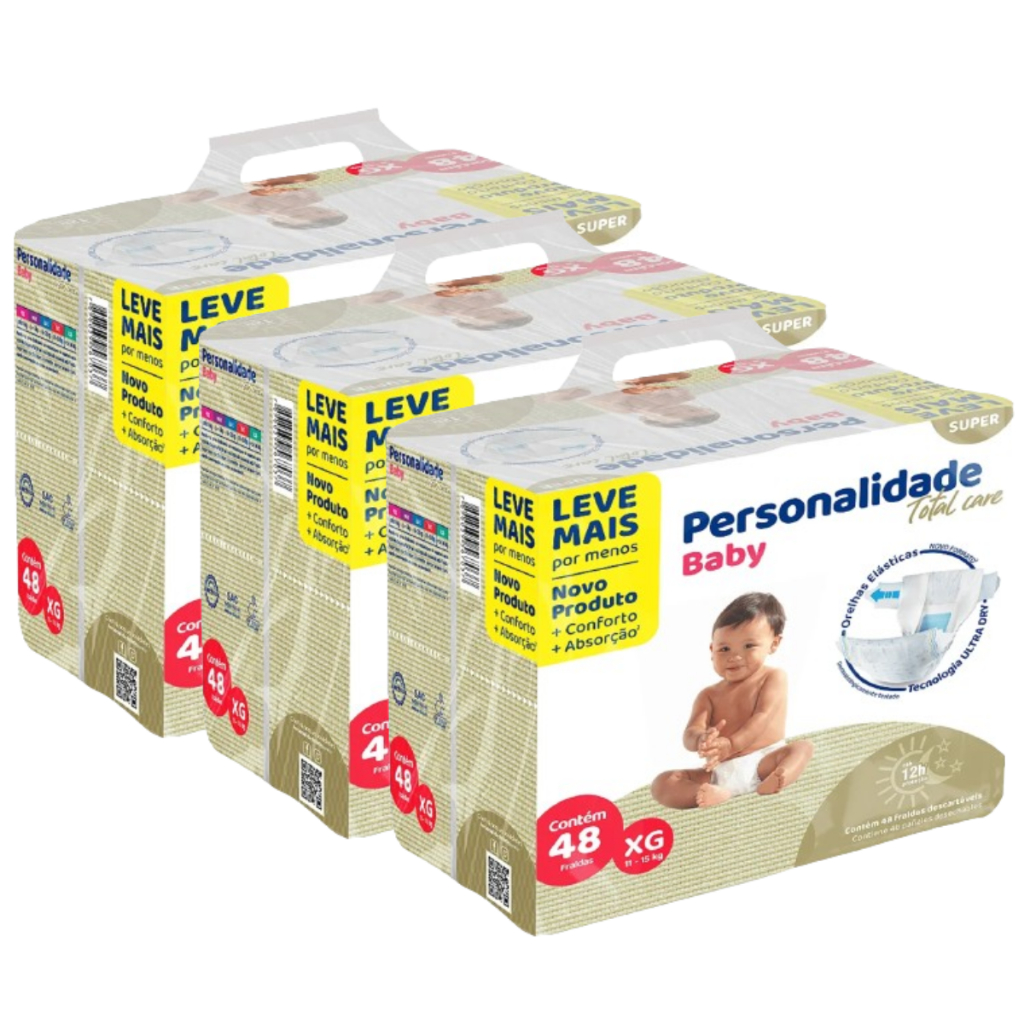 Kit 3 Fralda Personalidade Baby Total Care XG Total 144 Unid Pacotão Barato