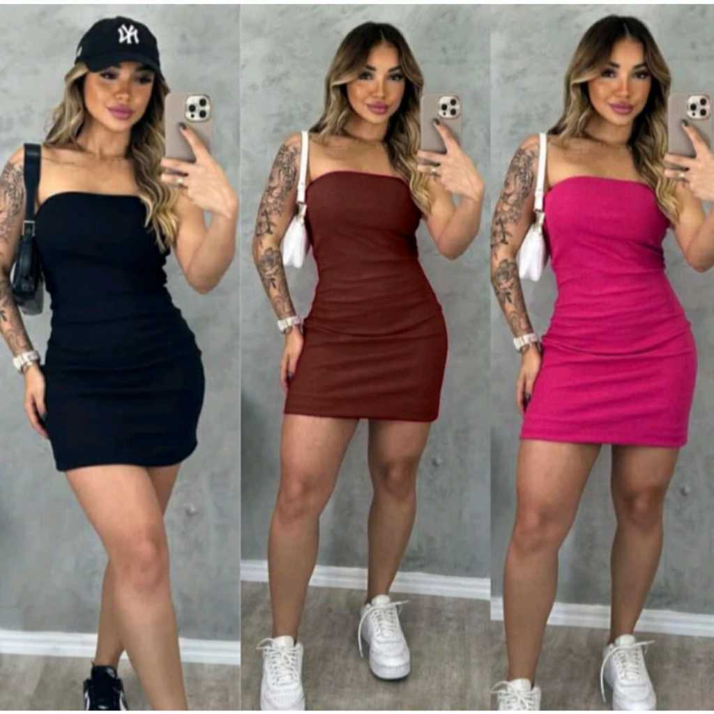 Vestido Feminino Tomara que Caia Tubinho Curto Malha Canelada Premium