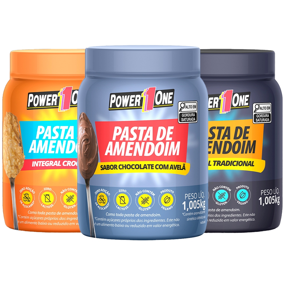 Kit 3x Pasta De Amendoim Power One 1Kg Cada - Chocolate com Avelã + Crocante + Lisa