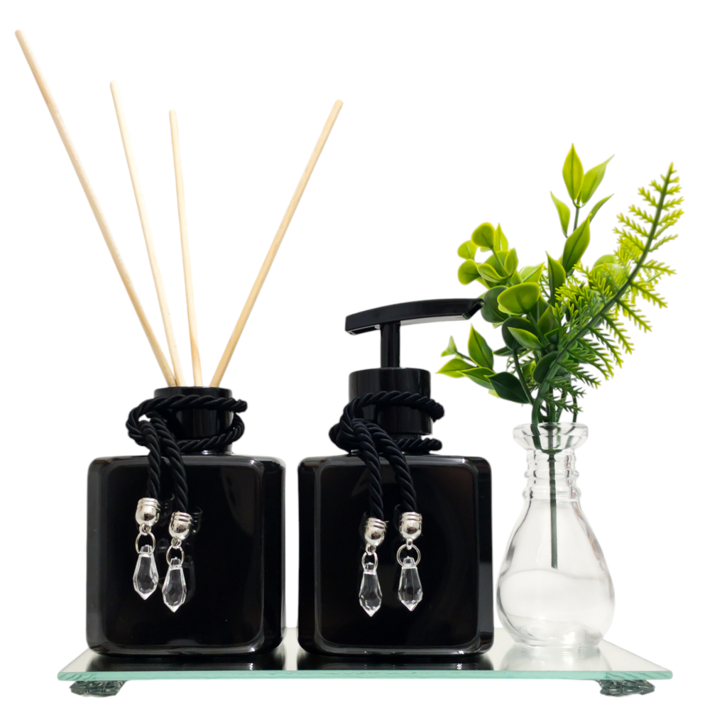Kit Preto Aromatizador e Saboneteira Pet Preto Com Bandeja Espelhada e Vaso Decorativo Lavabo
