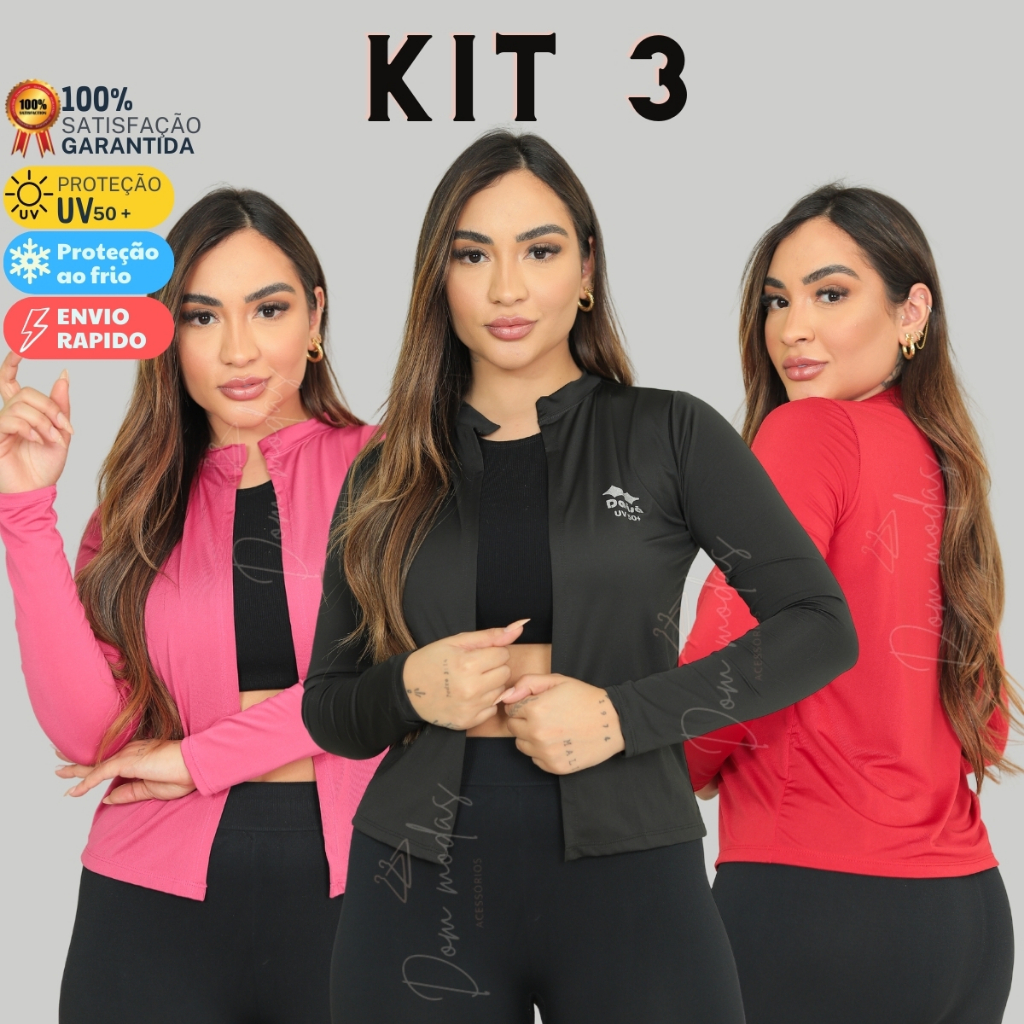Kit 3 Cardigan Feminino Casaquinho Proteção Solar UV Casaco Academia Térmico
