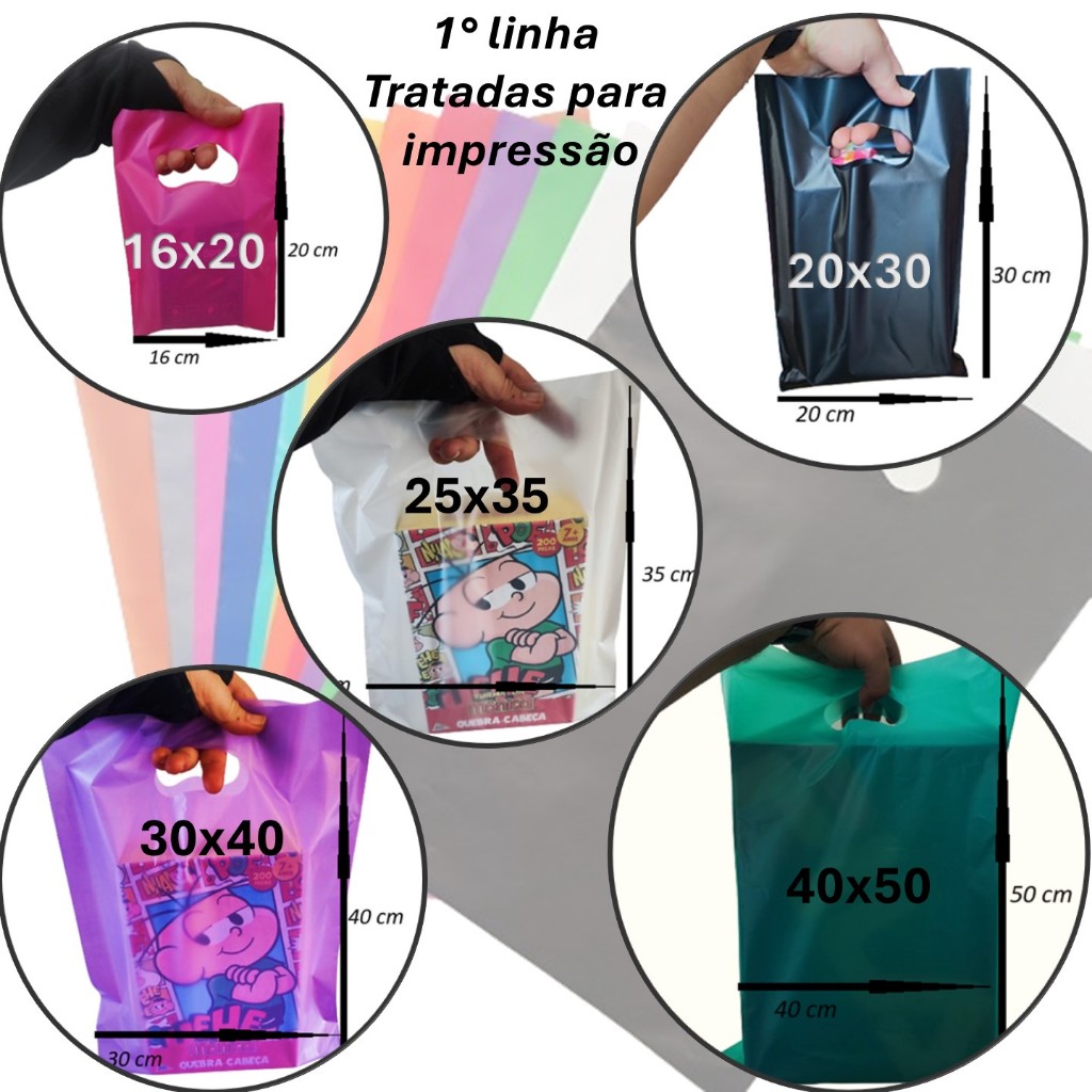 kit 50 Sacolas plásticas boca de palhaço, 1º LINHA temos as medidas, 16x20, 20x30, 30x40 e 40x50 em Oferta na Shopee