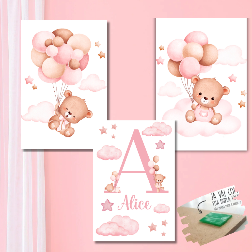 Kit 3 Quadros Decorativos Ursinha Placa Mdf Quarto Bebê Decoração Infantil