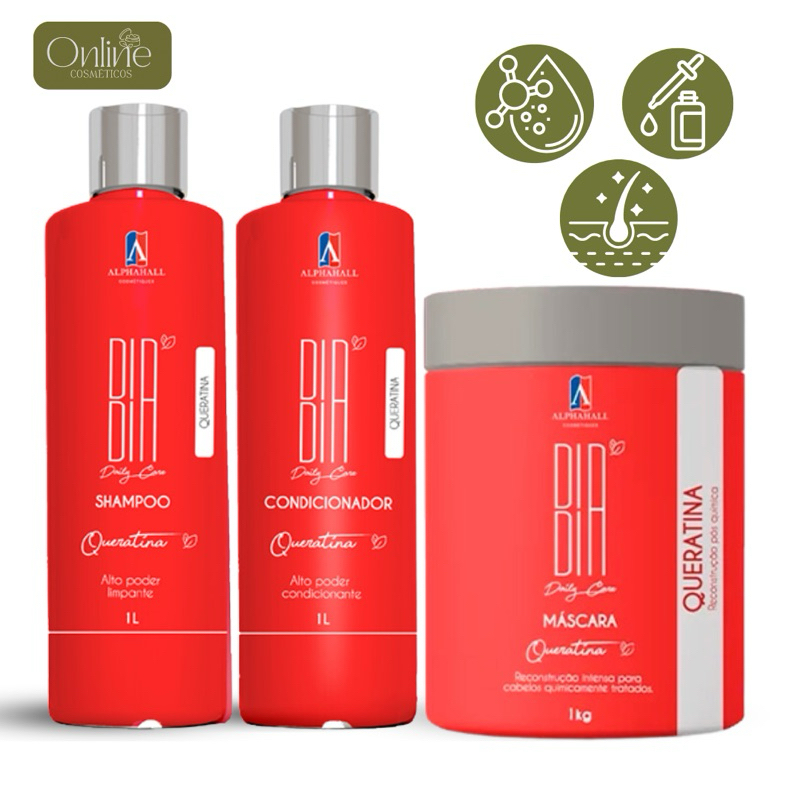 Kit Alphahall Queratina Dia Dia 3 Itens 1LT/ 1KG Shampoo Condicionador Mascara 1