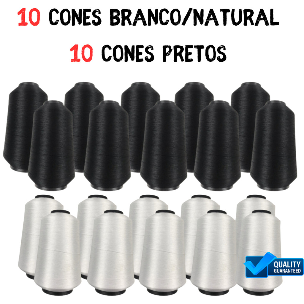 FIO Overloque Misto  10 Branco/Natural e 10 Pretos Fort'Fio 20 Cones de 100gr total 2 kilos em Oferta na Shopee