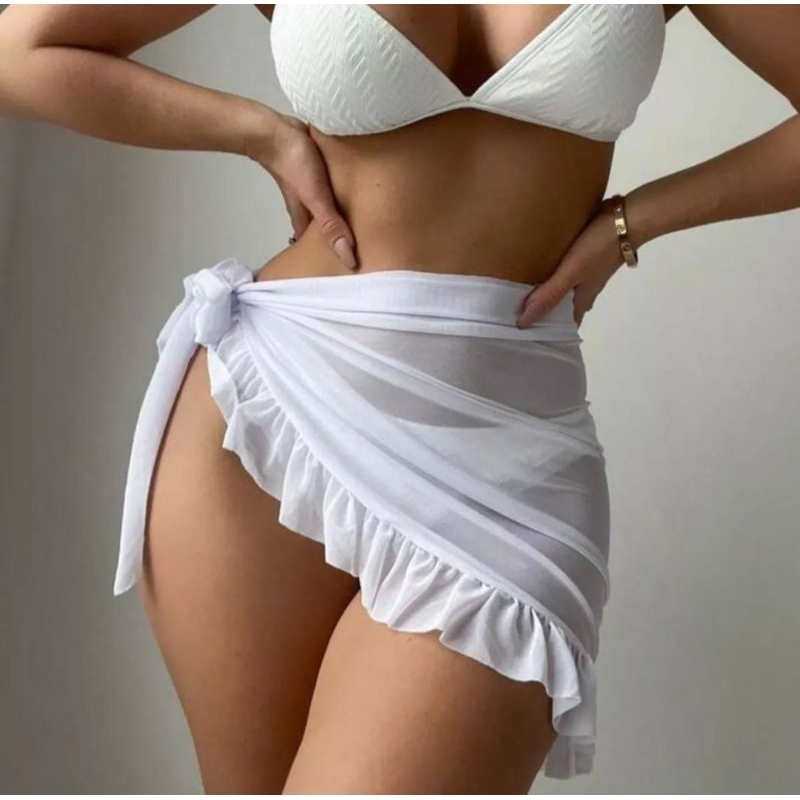 Saida de praia mini saia com babado pareo amarração em Oferta na Shopee