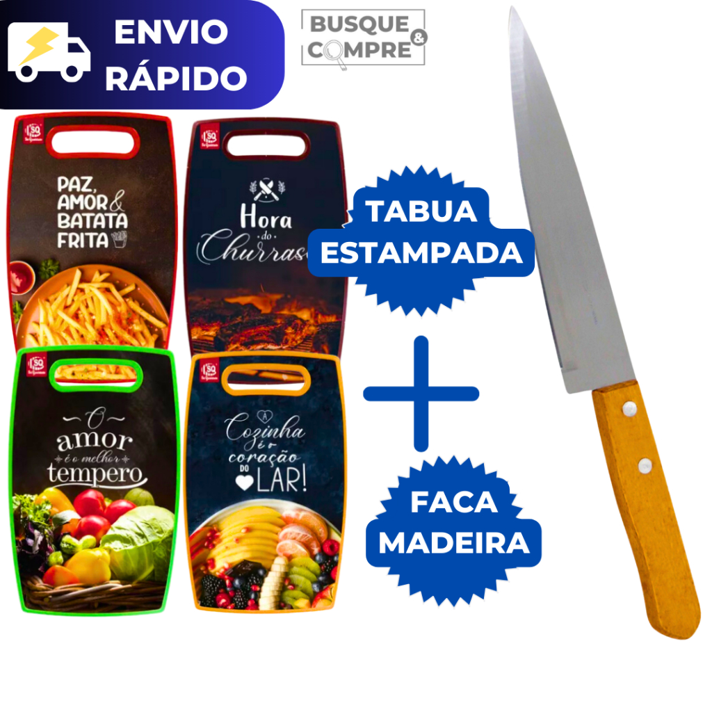 Tabua para Cortes Estampada + Faca de Cozinha de 7 Polegadas de Carne com Cabo de Madeira Desenhada em Oferta na Shopee