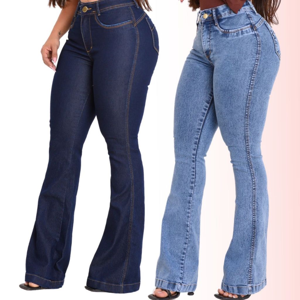 Jeans Calça Flare Feminino Modelador Empina Bumbum Boca de Sino Cos Alto Cintura Alta Modeladora