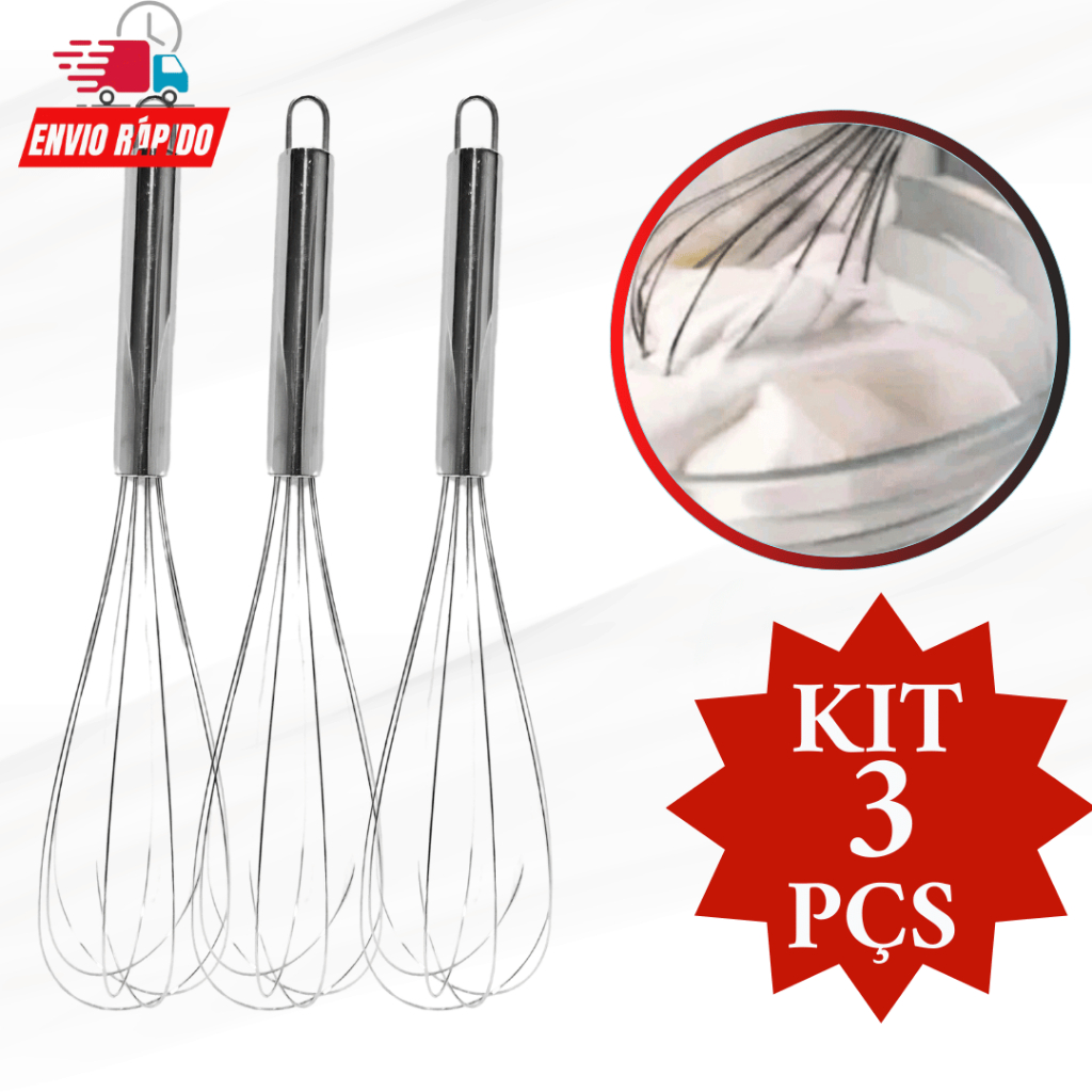 Kit Conjunto 3 Peças Batedor de Ovos Misturador Manual Fouet Fuê Inox Cozinha Confeitaria