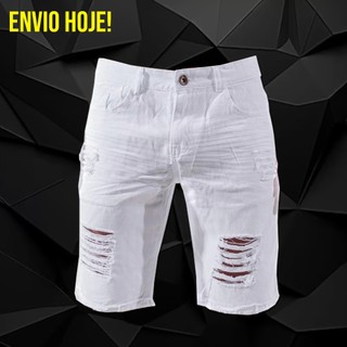 Bermuda Jeans Rasgada Desfiada de Alta Qualidade Short Branco Masculino Bermudas Masculinas Envio Já