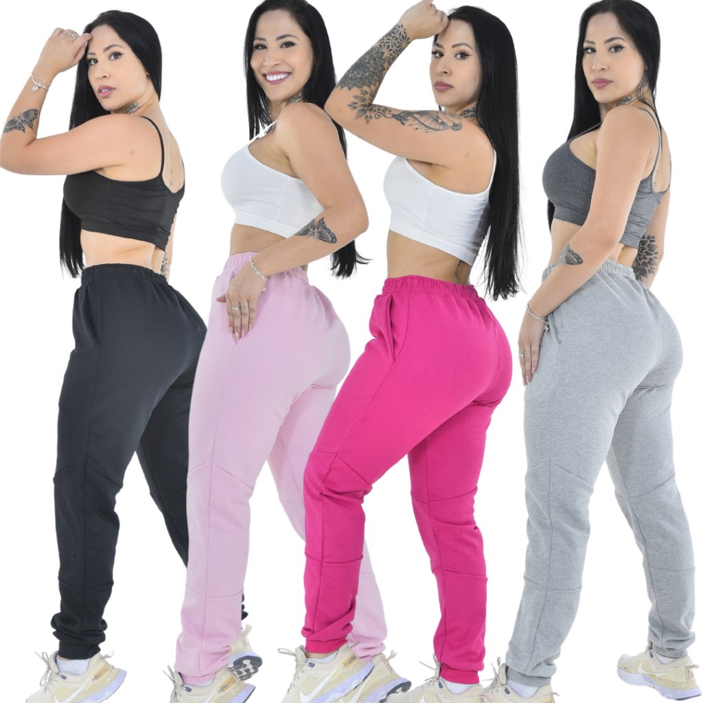 Kit 2 Calças Moletom Feminina Flanelada Para Academia Corrida Bolso Lateral Estilo Jogger ...