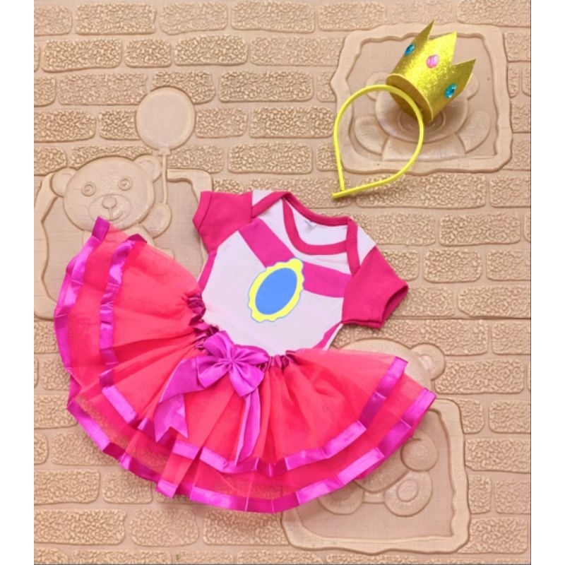 Body tematico princesa peach com tiara coroa e saia de luxo do P ao G, mêsversario, festa, aniversário