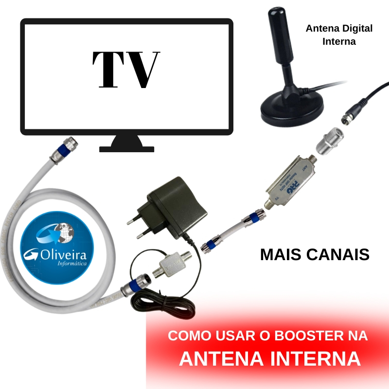 Amplificador de sinal booster + Adaptação para antena digital interna, mais Potencia para sua TV
