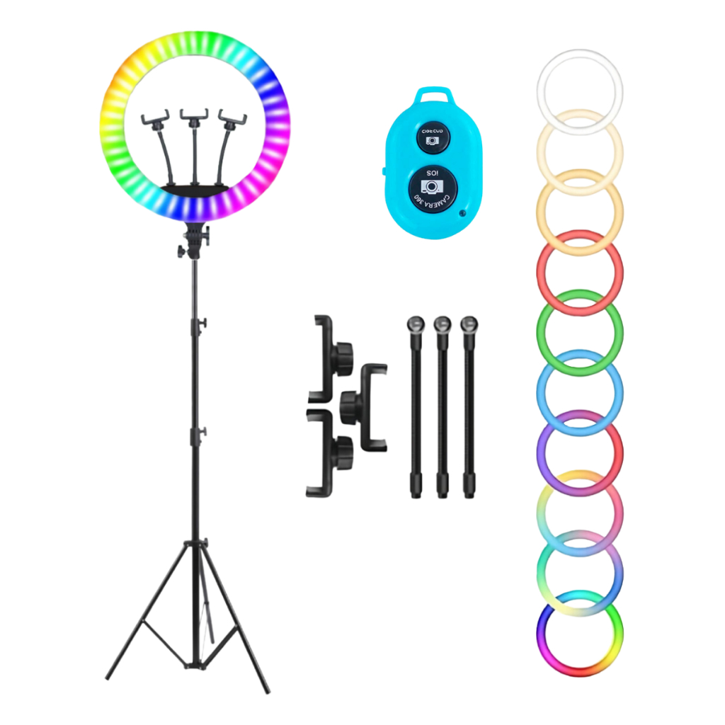 Ring Light LED RGB 45cm com Suporte de Celular,  Controle Remoto e Tripé 1,90 m