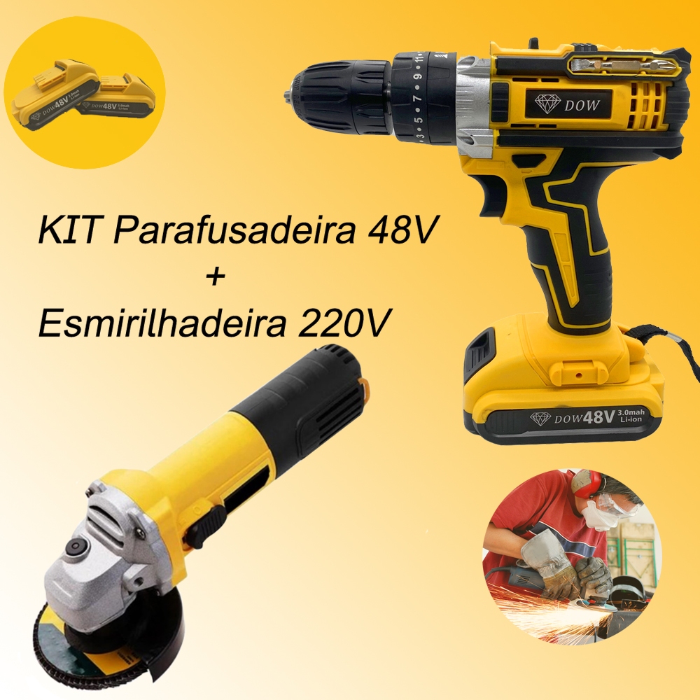 KIT Parafusadeira furadeira 48v Com gancho e 2 bateria + Esmerilhadeira Lixadeira Angular ...