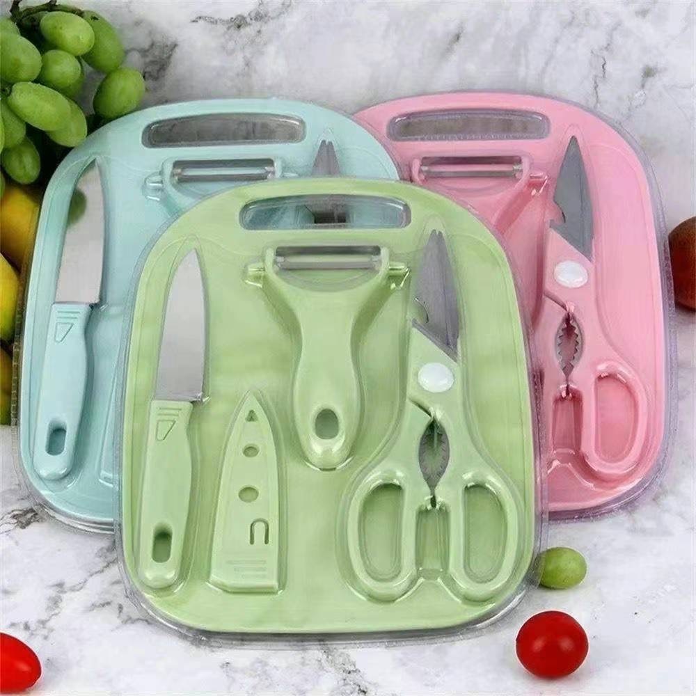 Kit Descascador Fatiador Inox Legumes Frutas Dupla Lâmina tesoura inox tabua de corte mais faca em Oferta na Shopee