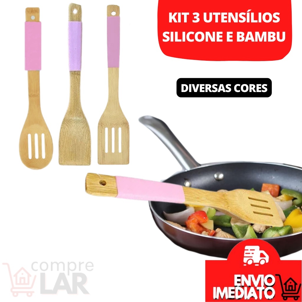 Kit 3 Utensílios Silicone Bambu Utensilio Espátula Colher De Pau Anti Fungos Cozinha Utilidades Utilidade Doméstica