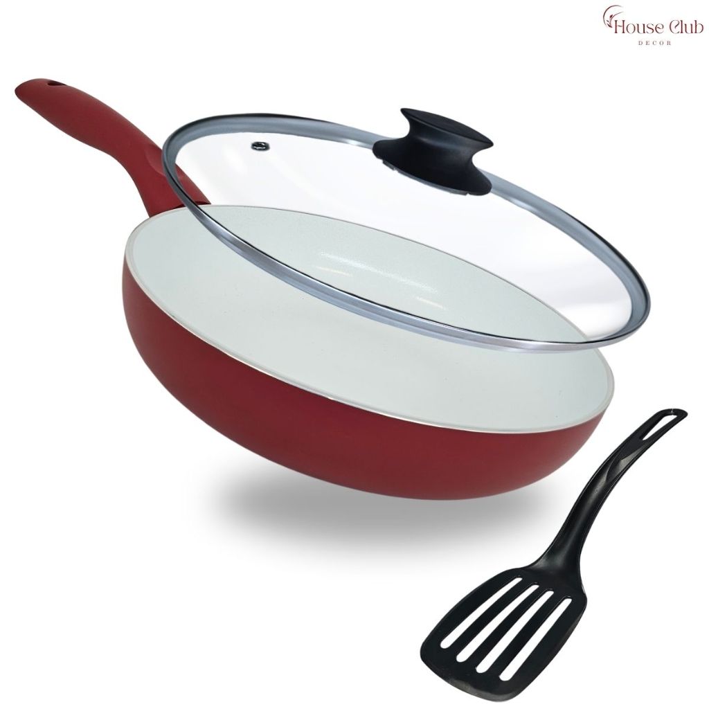 Frigideira Cerâmica de Indução 20 cm Fundo Triplo Revestimento Antiaderente Cerâmico Tampa de Vidro Vermelho e Branco