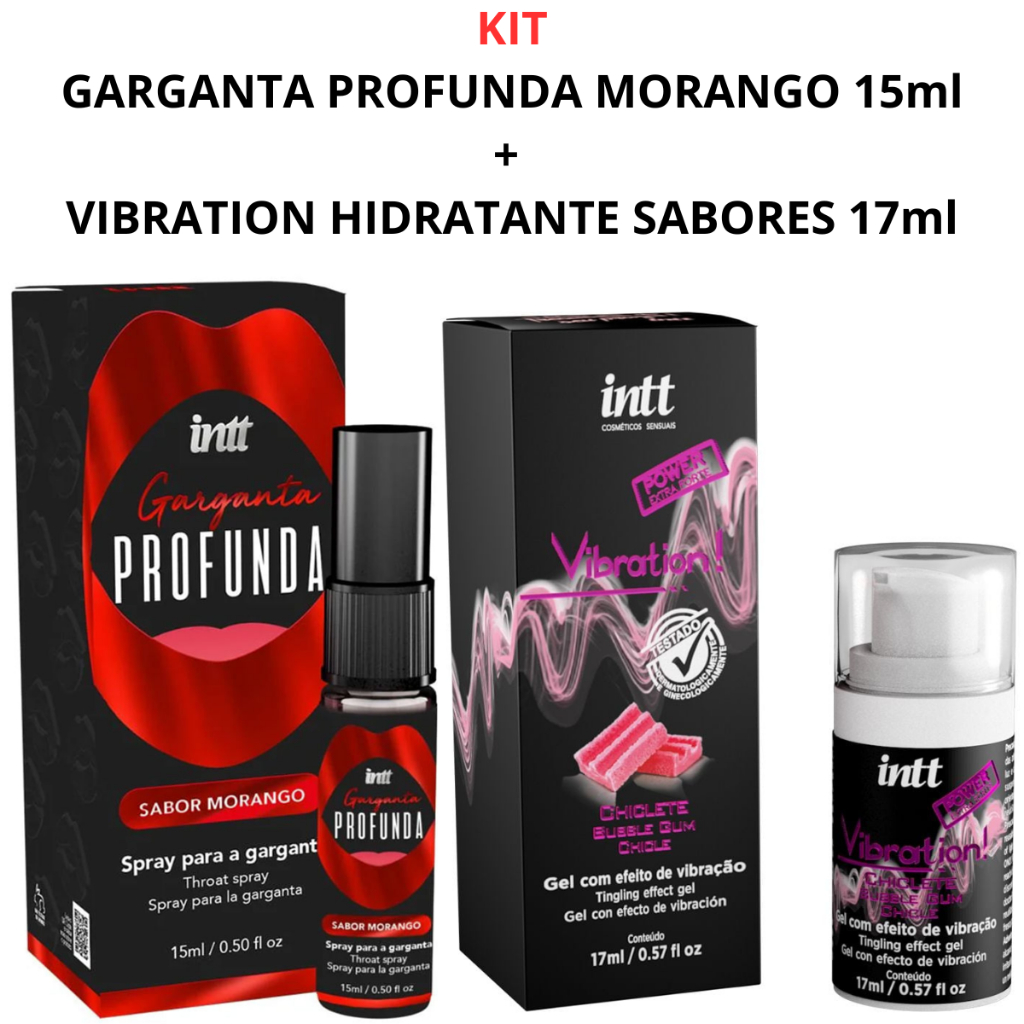 KIT GARGANTA PROFUNDA MORANGO 15ml INTT + VIBRATION LUBRIFICANTE SABORES 17ml INTT