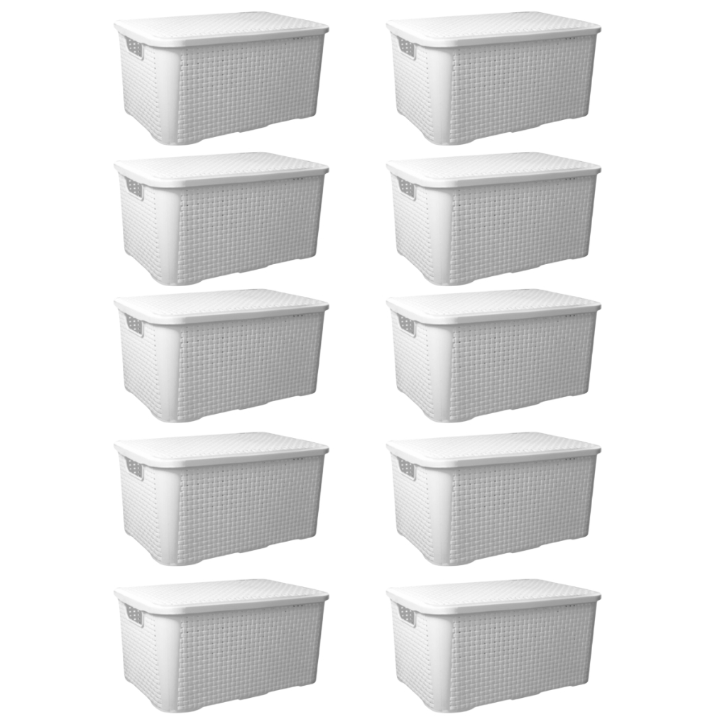 10 Caixa Organizadora Cesto Multiuso 18 Litros Preto Branca Rosa Azul Com Tampa Empilhavel Rattan