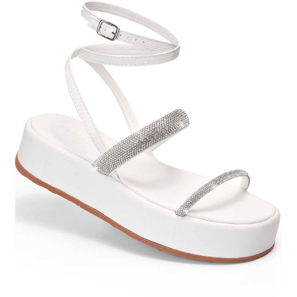 Sandália Feminina Lumiss Strass Brilho Confortável Flatform Fivela Branco