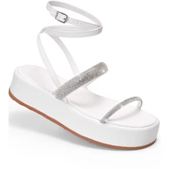 Sandália Feminina Lumiss Strass Brilho Confortável Flatform Fivela Branco