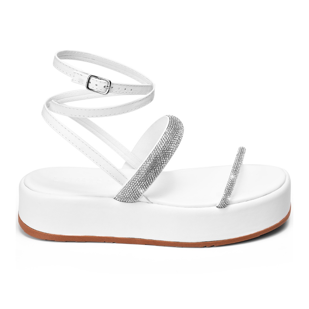 Sandália Feminina Lumiss Strass Brilho Confortável Flatform Fivela Branco · foto 2