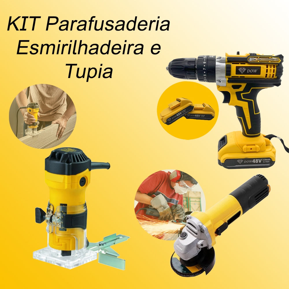 Kit Parafusadeira furadeira 48v Com gancho e 2 bateria e Tupia Laminadora Manual 6mm 600w e Maleta de Transporte + Esmerilhadeira Lixadeira Angular 220v